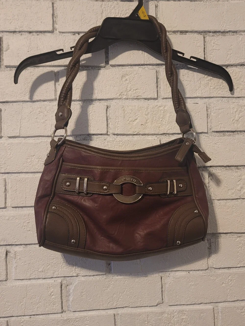Rosetti Two-Tone Burgundy Wine Shoulder Bag Silver Ring Buckle Studded Accent